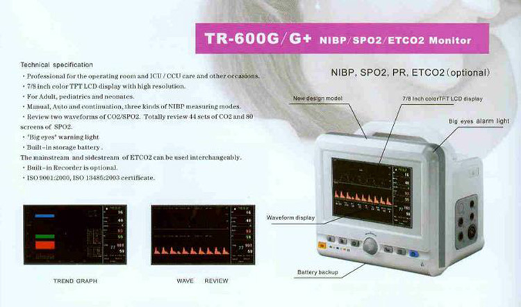 Multi-parameter patient monitor TR-600G/G+ with 7/8 inch color LCD display NIBP/SPO2/ETCO2 monitor